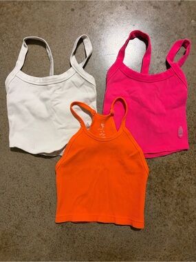 Free People Set of 3 Ribbed Cropped Tank Tops - White, Hot Pink, Bright Orange